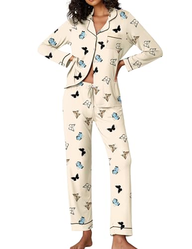 Image of Ekouaer Women's Sleepwear Winter Long Sleeve Button Down Pajama Shirts with Long Pants 2 Piece Pjs Set,Apricot Butterfly,S