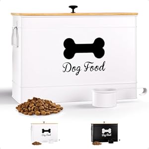 Dog Food Container Airtight 15 lb (50 Cup) Capacity with Metal Scoop – Cute Airtight Dog Food Storage Container with Bamboo Lid – White Metal Kibble Storage Bin for Dogs up to 100 lbs – Big Pet Jar