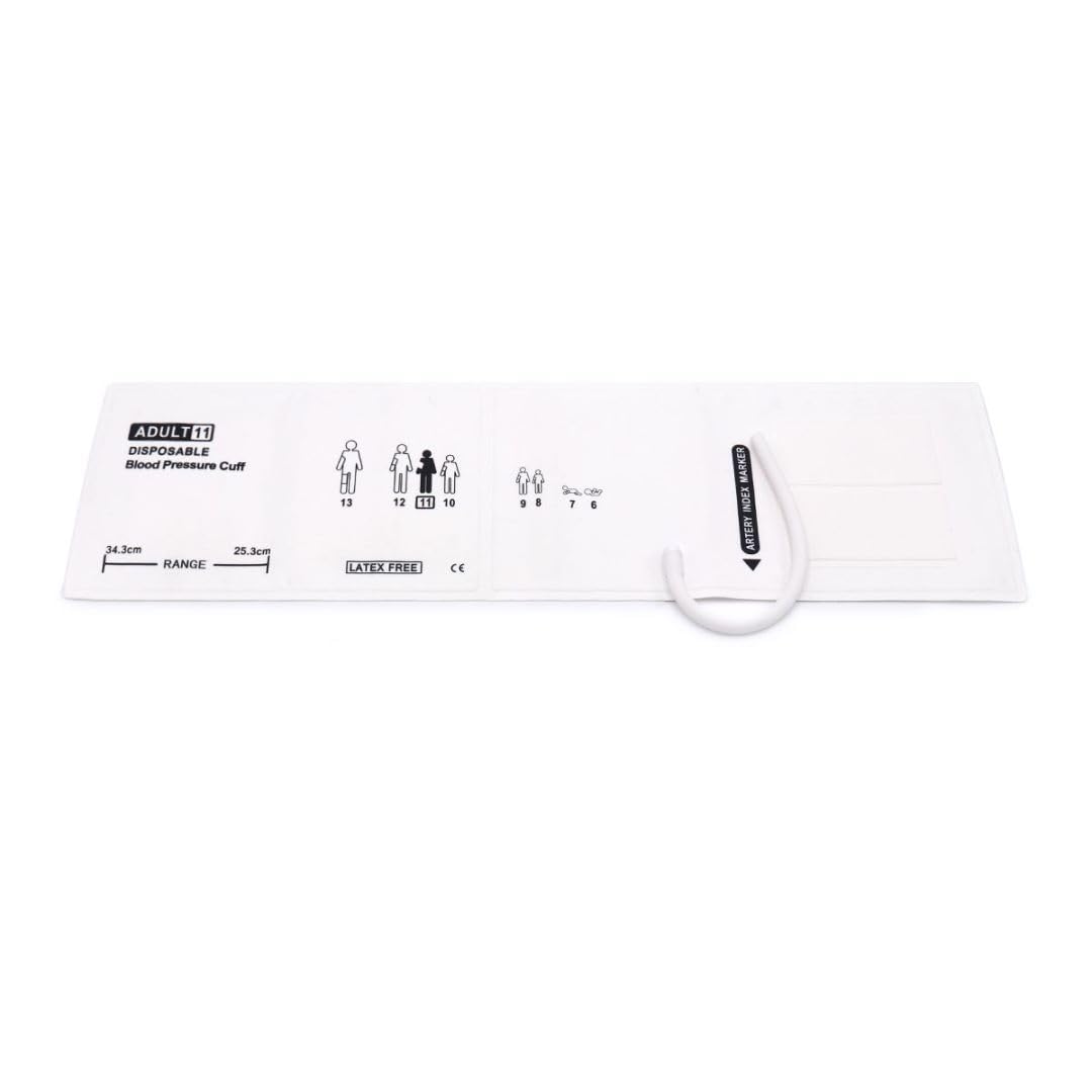 Bracciale monouso per pressione sanguigna 5 pezzi con tubo singolo + connettore BP12 per adulto #11 25,3-34,3 cm, bracciale NIBP di ricambio, bracciale BP in tessuto non tessuto