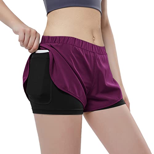 Hanyomo Femme Fonctionnement Running 2 en 1 Shorts Aptitude Entraînement Athlétique Gym Yoga Poids léger Doublure de Short avec Poches pour téléphone Violet S Cover
