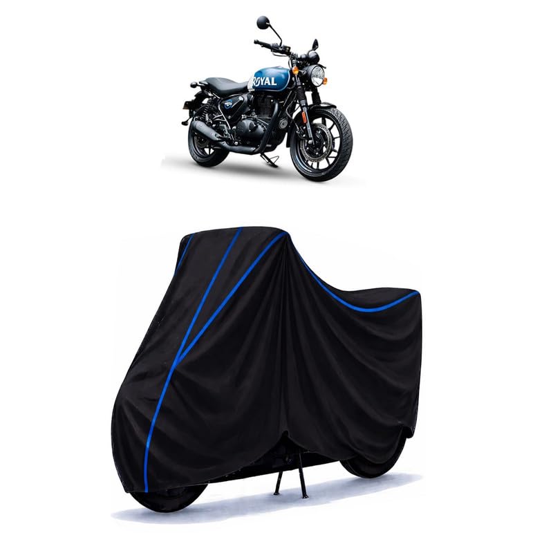 Image of Hunter 350 Metro Rebel Bike Cover Water Resistant Universal Motorcycle Rain | Heavy Duty UV Protection, Dust, Scratch Indoor Outdoor All Weather with Black Blue Piping Elastic