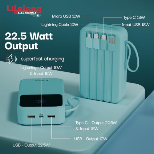 Image of Lifelong Electronics 20000mAh 22.5W Fast Charging Power Bank | 3 Inputs (1 Built-in USB A Cable + 1 C + 1 Lightning Port) & 6 Outputs (3 Built-in Cables + 1 C + 2 A Port) | Small Pocket Size Powerbank