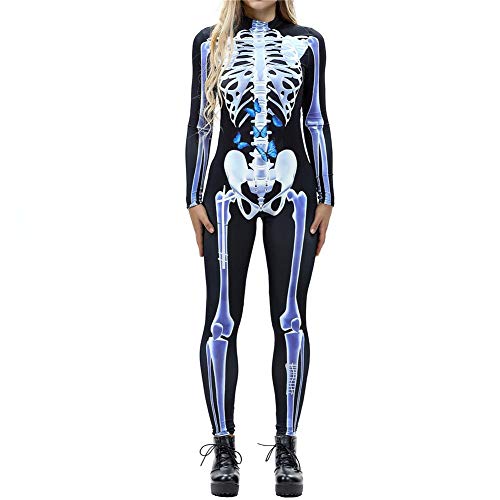 Disfraces de rol, innovadores Monos de Manga Larga Esqueleto de Calavera de Halloween 3D Digital Print para Mujeres