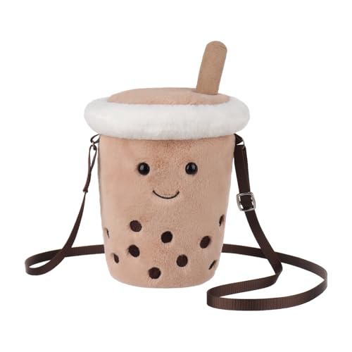 Apricot Lamb Boba Tea Shaped Crossbody Plush Purse for Toddlers and Teen Girls, Stuffed Animal Shoulder Bag, Kids Fashion Handbags