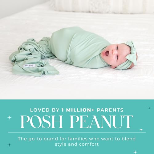 Image of Posh Peanut Swaddle Blanket & Headband Set - Viscose from Bamboo Stretchy Baby Swaddle for Newborn Girls, Receiving Blanket or Nursing Cover (Sage)