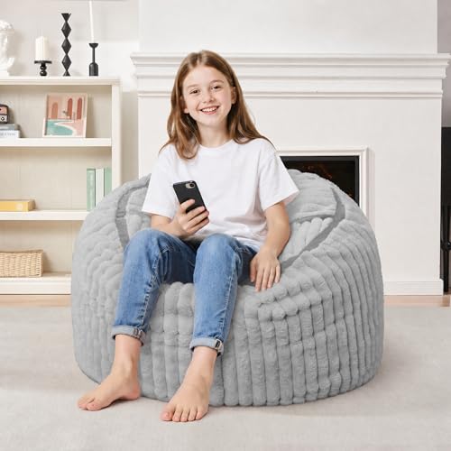 Image of 2FT Bean Bag Chair 2'Bean Bag Chairs with Memory Foam Filled Small Bean Bag | Bean bags with Machine Washable Cover Corded Plush Fabric, Comfy Chairs for Living Room, Bedroom, Dorm, Lightgrey