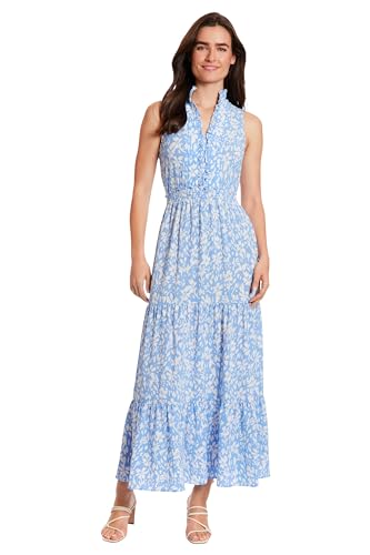 London Times Women's Dresses Easy Feminine Versatile Smocked Waist Ruffle Neckline, Baby Blue/Sugar Swizzle, 14