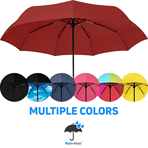 Rain-Mate Compact Travel Umbrella - Pocket Portable Folding Windproof Mini Umbrella - Auto Open And Close Button And 9 Rib Reinforced Canopy (Red) #TOP7