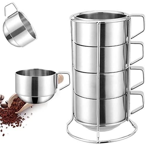 SZCXTOP 6.8 Oz Stainless Steel Coffee Cups Set of 4 Mug,Stackable Double Heat Insulation Metal Coffee Mugs with Stand Rack,Perfect for Cold Drinks or Hot Drink (4)