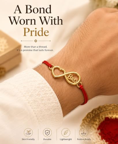 Image of Gold Plated Designer Rakhi Bracelet for Brother | Infinity, Heart, Evil Eye & BRO Designs | Raksha Bandhan Rakhi with Roli Chawal & Greeting Card
