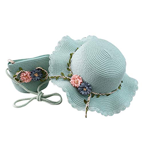 Girls Straw Hat 2-8 Age Tourism Sun Hat Flower Children Sun Hat and Bag Set Baby Outdoor Wide Brim Bucket Hats for Kid Mint Green, One Size