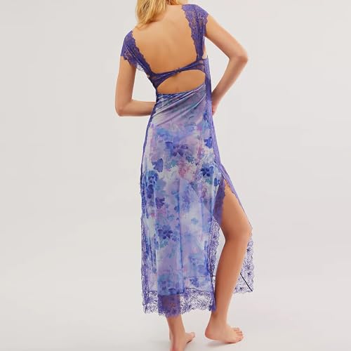 Image of Women Sexy Lace Patchwork Mesh Dress Floral Print Cutout Sweetheart Neck Backless Slit Summer Maxi Dress