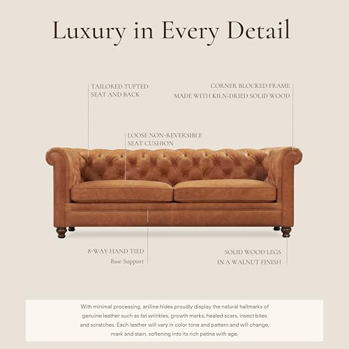 Image of POLY & BARK Lyon 87.4 inch Leather Sofa in Cognac Tan - Full-Grain Pure-Aniline Italian Leather, Deep Button Tufting, Rolled Arms and Espresso Wood Legs - Chesterfield Style for Elegant Living Rooms