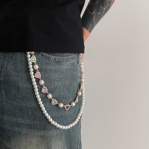 Layered Pants Wallet Chain for Men Women Fashion Rhinestone Love Heart Pearl Pocket Jeans Pant Chain Jewelry3