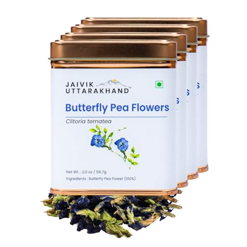 Image of Jaivik Uttarakhand - Bulk Sangu Poo (Aprajita) Iced Tea (226.8 g), shankupushpam Clitoria Ternatea in Loose Leaf for Good Sleep, Pack of 4 Tin Can