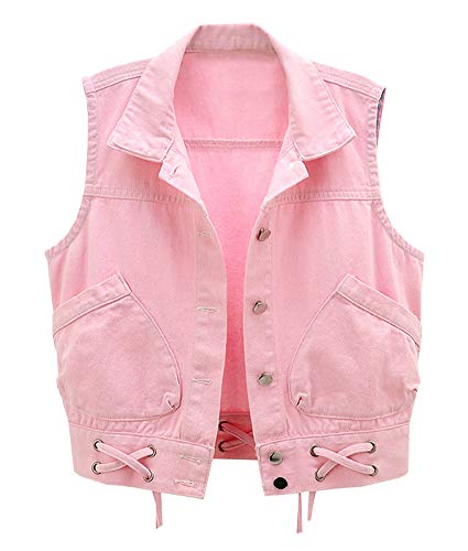 LifeShe Women's Lace Up Buttoned Washed Denim Vest Jean Jacket (Pink, M)