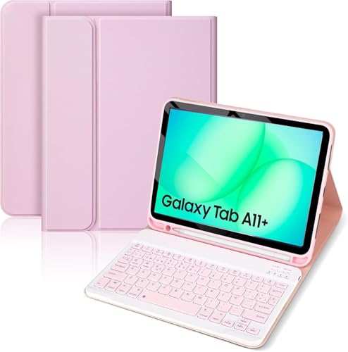 Funda con Teclado Compatible con Samsung Galaxy Tab A9+/A11+ 11 Pulgadas 2023/2025 con Película Protectora [Español], SM X210/X216/X218/SM X236B/SM X230, Funda Protectora con Portalápices (Rosa)