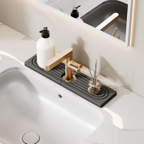 16 Inch Stone Faucet Mat for Kitchen Sink Splash Guard - Diatomite Quick Dry Stone Mat Kitchen Sink Protectors, Water-Absorbent Faucet Handle Drip Catcher Tray with Drainage (Dark Gray, 15.7