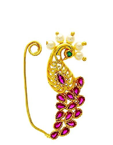 GirlZ! Gold Plated Pink Colour Peacock Design Nath For Women (Non Pierced).