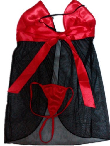 Ericasummit New Sexy Lingerie Babydoll Dress G-string Black&red,One Size
