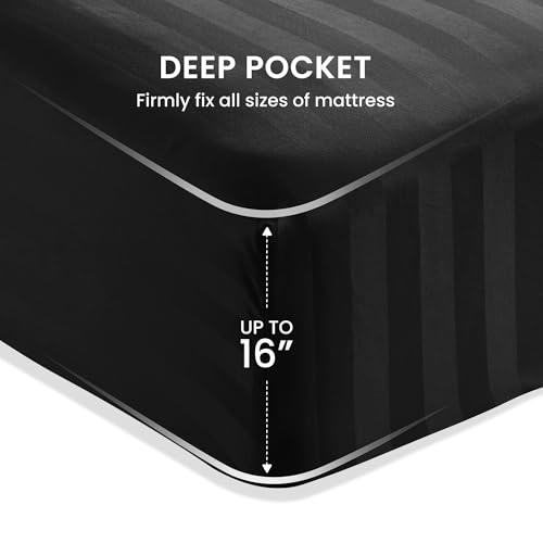 SLEEP ZONE Striped Cooling Twin Sheets Set for Kids - Fitted Flat Sheet & Pillowcase Sets 3 Piece - Super Soft Stripe Bed Sheet, Easy Care, Deep Pocket (Black, Twin)