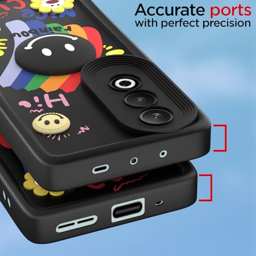 Image of Pikkme Back Cover for OnePlus Nord CE 4 5G | Soft Silicone| Cute Rainbow Smile & 3D Cartoon Flower Design | Shockproof Raised Camera Protection Bumper Case (Black)