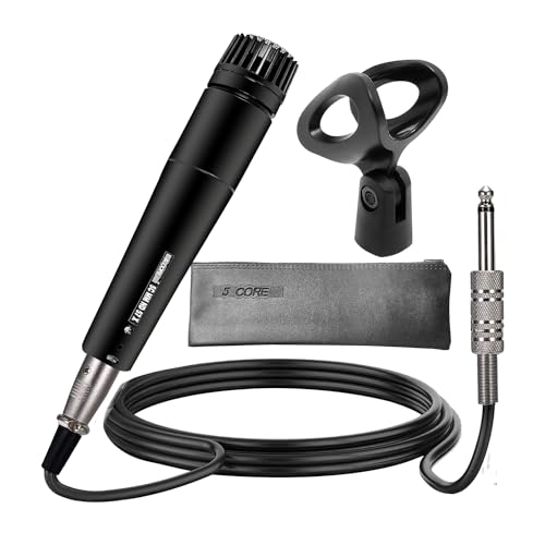5 CORE Professional Dynamic Vocal Microphone Neodymium Cardioid Unidirectional Handheld Mic for Singing Karaoke Steel Mesh Grille Metal Body with ON Off Switch + 16ft Detachable Cable + Clip + Bag
