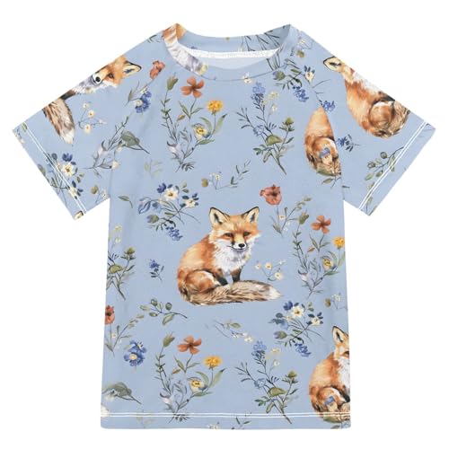 ALAZA Boys Swim Shirt Short Sleeve Rash Guard for Boys Girls UPF 50+ Fox Floral Blue 9-10T