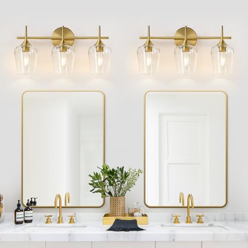 Image of MOKATNG 3-Light Bathroom Light Fixtures, 19.5 Inch Brushed Gold Vanity Lights with Wine-Glass Shape, Bathroom Lights Over Mirror, Modern Wall Lamps for Bedroom Living Room Hallway