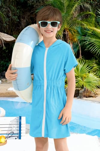 Image of BesserBay Girls Swim Cover Up Beach Bathing Suit Coverups for Swimwear Zip-Up Terry Cloth Robes with Sunglasses 6-14 Years