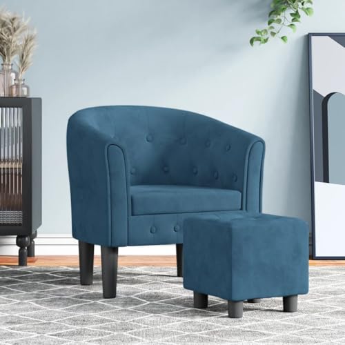Cartvyn Sillón de club con reposapiés, color azul oscuro, de terciopelo, tapizado, con reposabrazos y respaldo, estructura de madera, para oficina, dormitorio, salón, relajación y tranquilidad