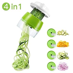 ICHECKEY Spiralschneider Hand für Gemüsespaghetti, 4 in1 Gemüse Spiralschneider Spiralschneider Set Gemüsenudeln Schneider Gemüsehobel für Karotte, Gurke, Kartoffel, Kürbis, Zucchini, Zwiebel Grün