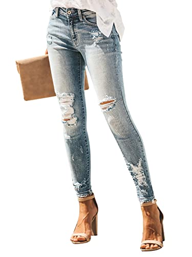 Kunmi Women's Ripped Boyfriend Slim Fit Jeans Frayed Distressed Stretchy Denim Pants #TOP3