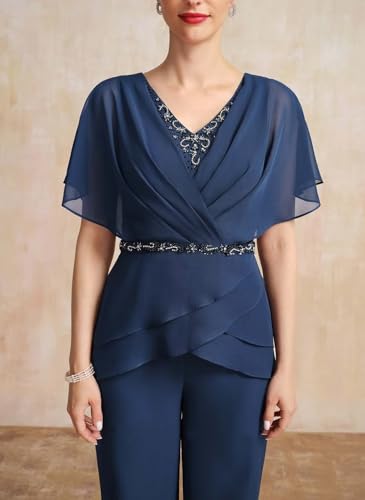 2 Pieces Mother of The Bride Pant V Neck Formal Dresses Puffy Sleeve Outfit Set Chiffon Wedding Guest Dresses3