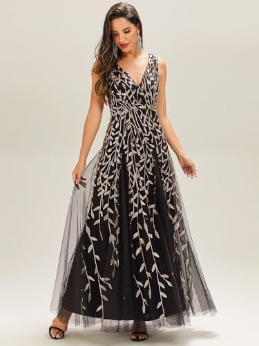 Ever-Pretty Women's Prom Dresses V Neck Sleeveless Tulle Hem A-Line Sequins Maxi Ball Gowns 021304