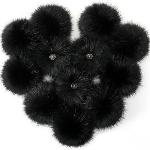 Juinte 12 Pcs 6 Inch Large Fur Pom Pom Balls for Hats, Light Black