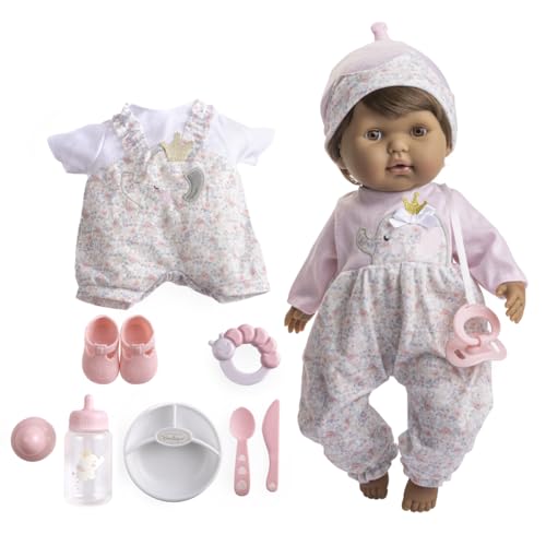 JC Toys 15" Realistic Soft Body Baby Doll with Brown Hair, Brown Eyes, Open/Close Eyes | 10 Piece Gift Set with Bottle, Rattle, Pacifier & Accessories | Pink | Ages 2+