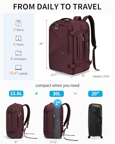 Image of ECOHUB Carry On Travel Backpack, Expandable Airlines Personal Item Bag 18x14x8, Water Resistant 17 inch Laptop Backpack Flight Approved, 12 Pockets 30L Work Backpacks with Wet Pocket & Cable Slot, Red