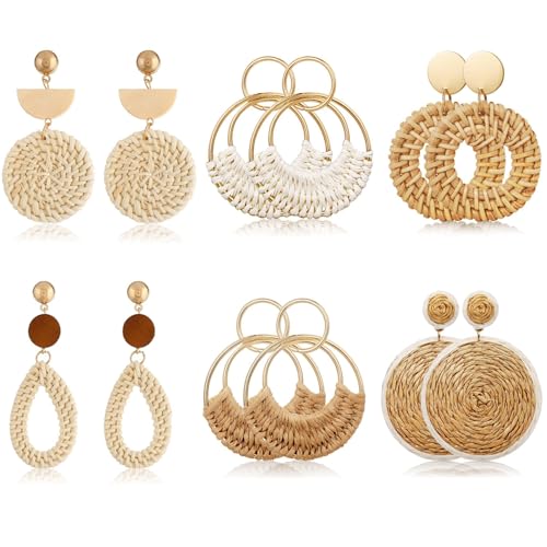 4 Pairs Rattan Earrings for Lightweight Geometric Personalized Earrings Handmade Straw Wicker Braided Teardrop Hoop Dangle Earrings for Women