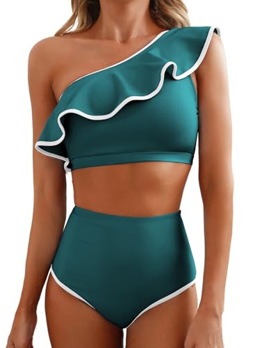 Herseas One Shoulder Bikini Sets for Women Two Piece Color Block Trim Ruffle Hem Swimsuits 2026 Elegant Long Torso High Waisted Bathing Suits Vintage Holiday Outfits Teal Blue Medium