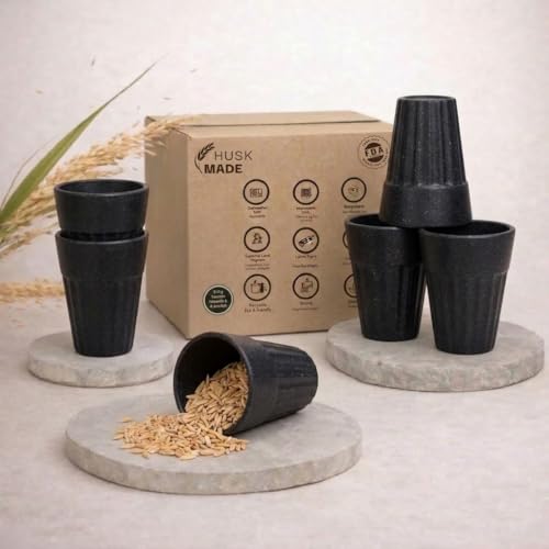 Image of Eco-Friendly Tea Cup Set of 6 | Kulhad Style Coffee & Tea Mugs | 140 ml Unbreakable, Stain-Free, Heat Resistant, Reusable, Microwave Safe | Rice Husk & Bamboo Fibre | Midnight Black
