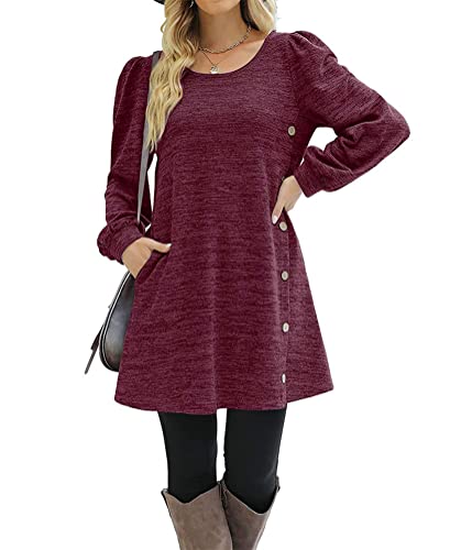 ORANDESIGNE Robe Pull Femme Hiver Chic Et Elegant Fluide Robe Mi Longue Manche Longue Décontractée Robe Col Rond Ample Casual Sweat Tunique Robe Sweat-Shirt B Rouge XL Cover