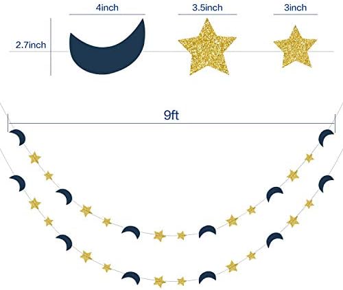 Outer Space Birthday Party Decorations Navy Gold 2pcs Moon and Star Garlands 1st Birthday Garland Love You to The Moon and Back Navy Blue Gold Moon Star Baby Shower Decorations (Navy Gold)