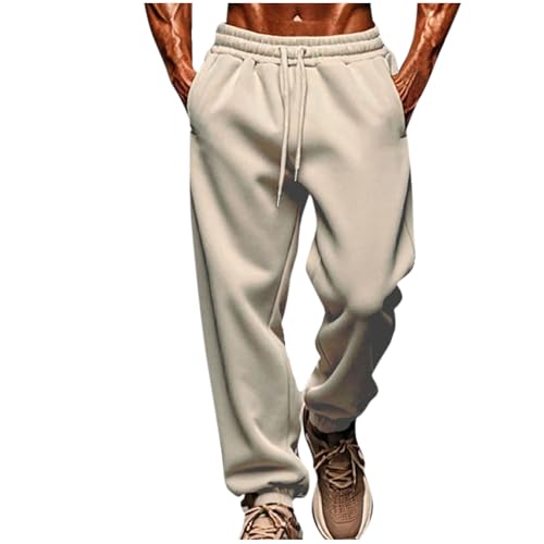 Men's Fleece Sweatpants Casual Solid Color Elastic Waistband Drawstring Pants Pockets Outdoor Sports Trousers