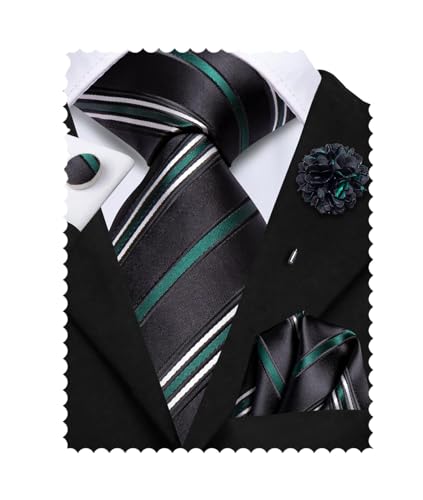 Image of Hi-Tie Striped Black Dark Green Ties Woven Formal Men Necktie Lapel Pin Pocket Square Cufflinks Sets Formal Business Wedding