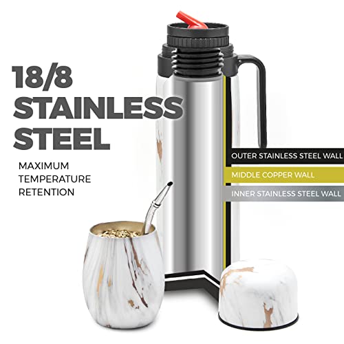 BALIBETOV Complete Yerba Mate Set - Modern Mate Gourd, Thermal Flask, Yerba Container, Bombilla and Cleaning Brush Included - All Premium Quality 304 18/8 Stainless Steel (GOLD)