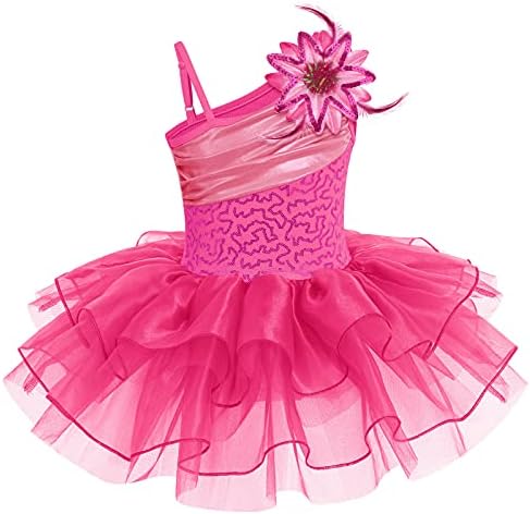 Toddler Kids Girls Flower Sequins Ruffle One Shoulder Ballet Dance Dress Tutu Skirted Leotard Glitter Shiny Camisole Ballerina Dancewear Gymnastics Stage Performance Costume Hot Pink 3-4 Years