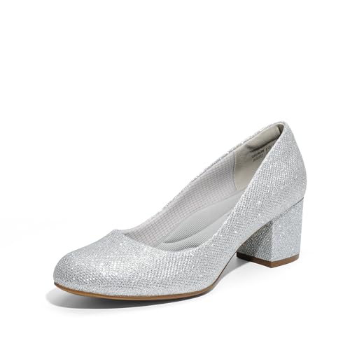 DREAM PAIRS Zapatos de Tacón Bajo para Mujer con Tacón Cuadrado Cómodo y Punta Redonda,Size 36.5,Plata,SDPU2462W