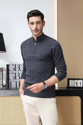 Men's 100% Wool Quarter Zip Sweater Long Sleeve Knit Mock Neck Sweaters3