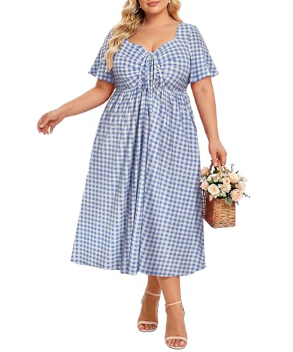 Image of CARCOS Plus Size Dresses for Curvy Women Tie Sweetheart Neck Summer Maxi Dress Short Sleeve Empire Waist Floral Boho Dress